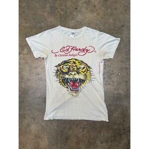 Ed Hardy Christian Audigier Tiger Graphic T-Shirt Cream Y2K Vintage Men Small